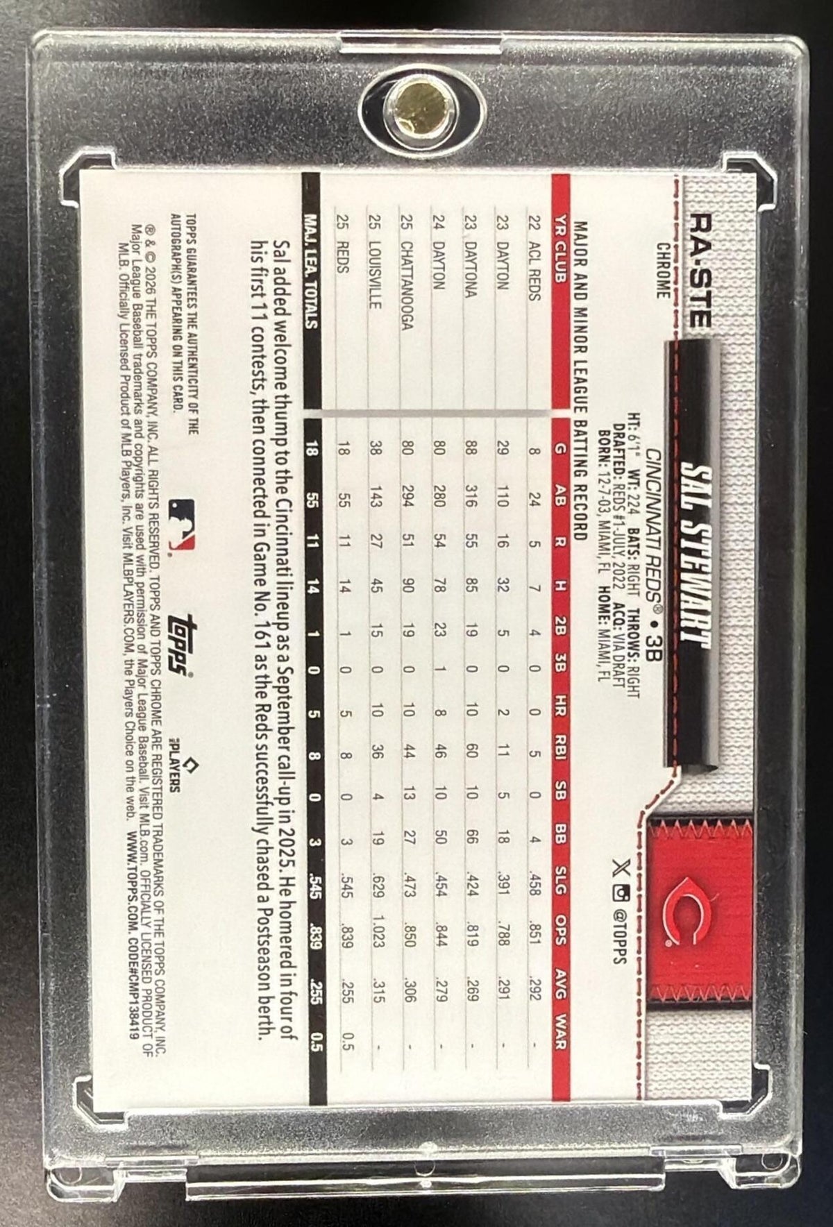 2026 Topps Chrome Sapphire Sal Stewart #RA-STE Auto 160/199 RC