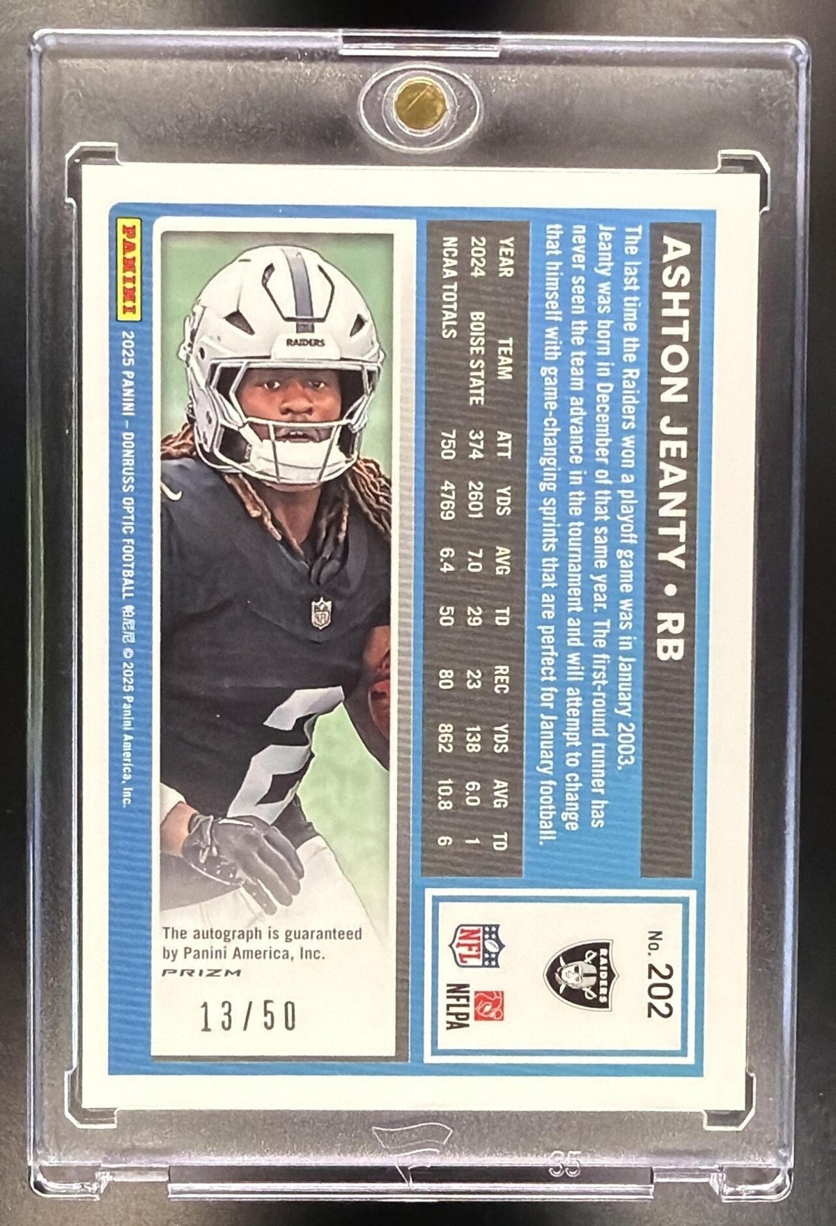 2025 Panini Donruss Optic Ashton Jeanty #202 Rated Rookie RPS Auto Red Prizm /50