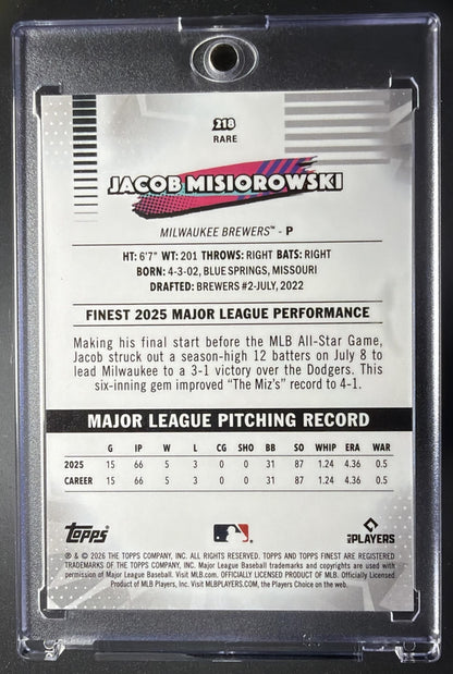 2026 Topps Finest Jacob Misiorowski #218 Rare Black Refractor 1/10 RC