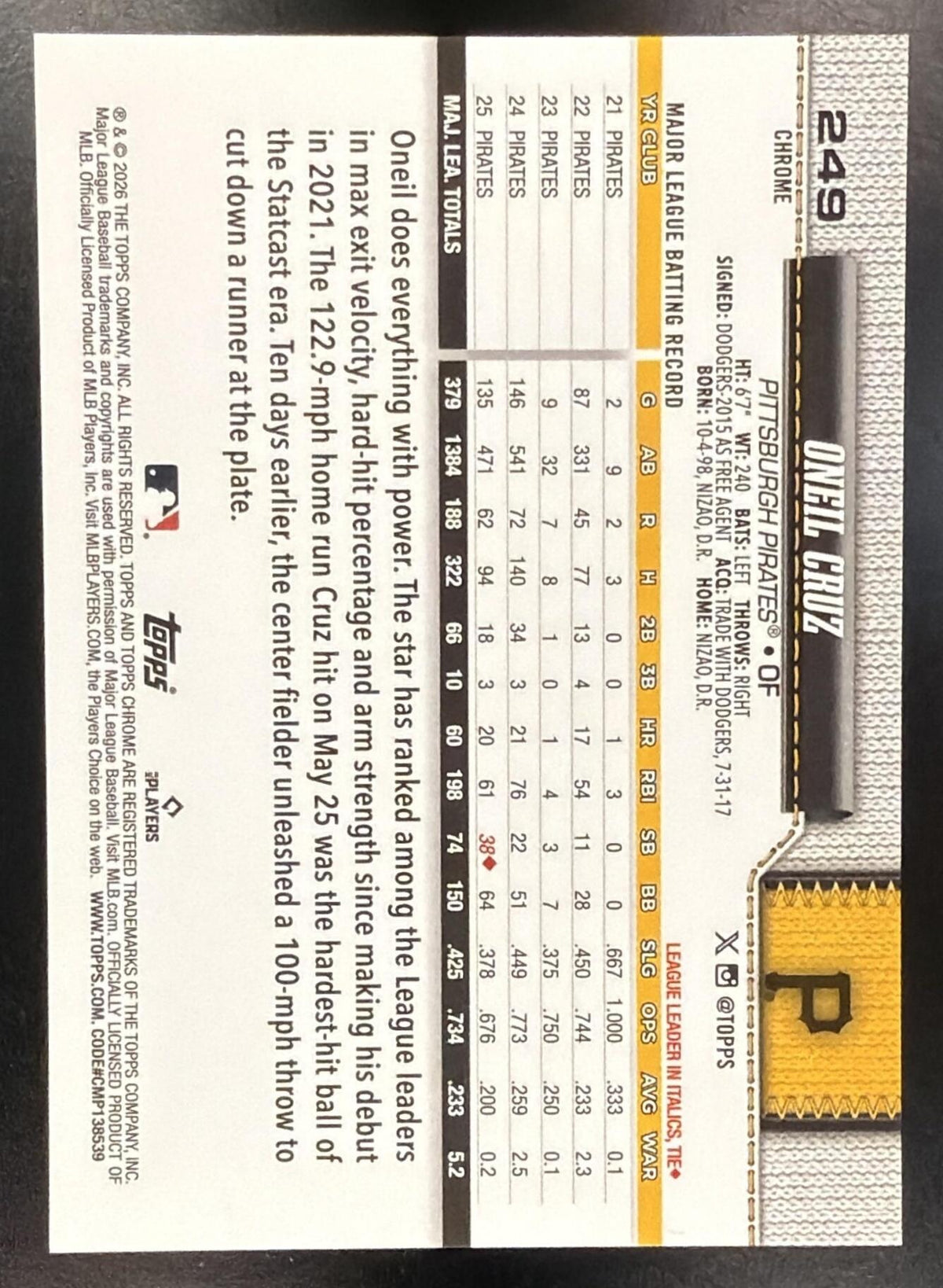 2026 Topps Chrome Sapphire Oneil Cruz #249 White 25/30