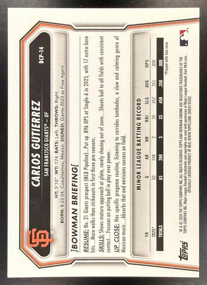 2026 Bowman Sapphire Carlos Gutierrez #BCP-14 Chrome Black Refractor 9/10 1st Prospect