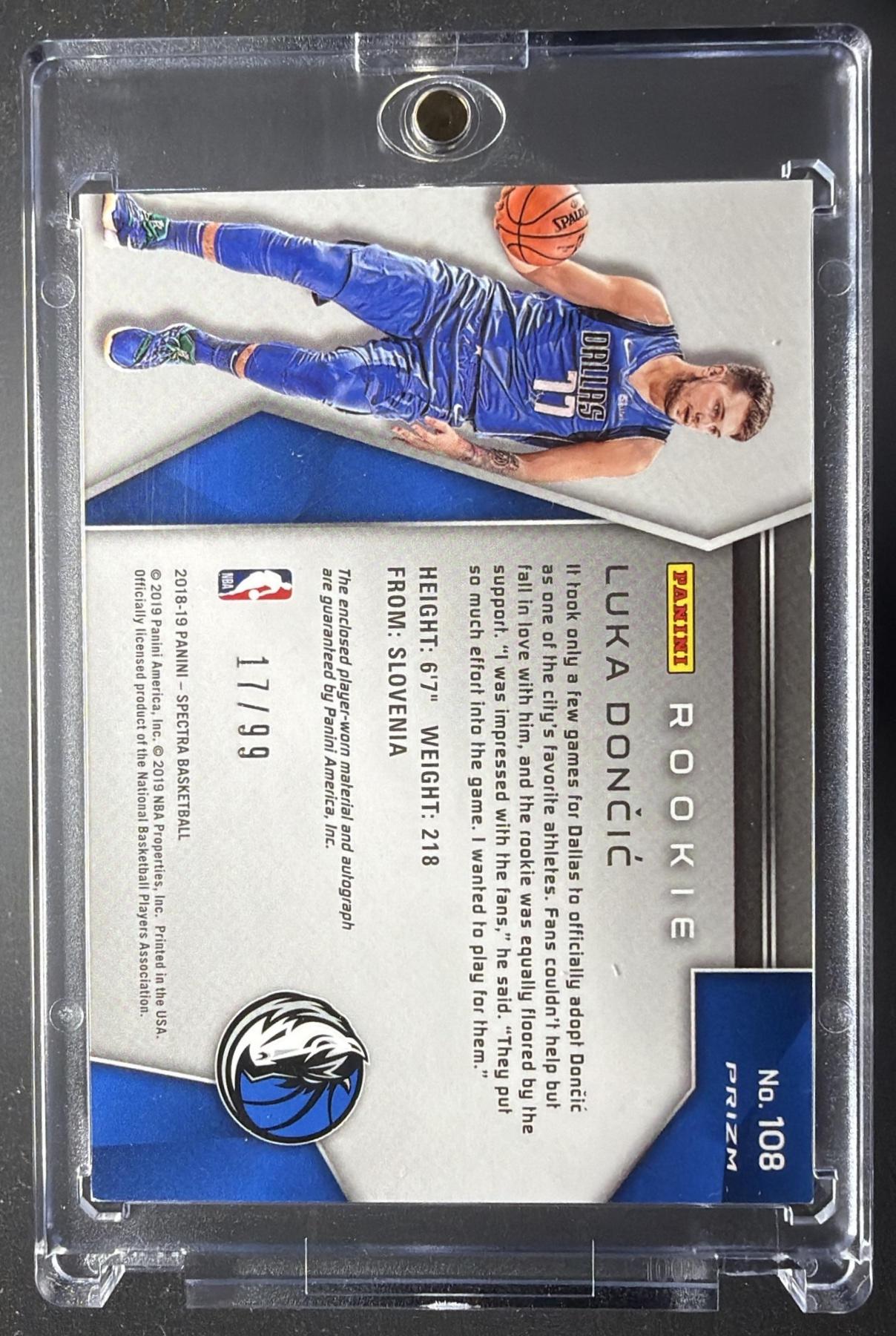 2018-19 Panini Spectra Luka Doncic #108 Neon Blue 17/99 RC Patch Auto