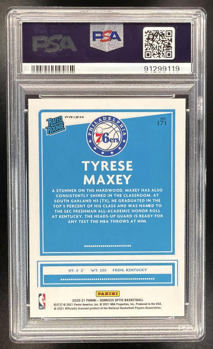 2020 Panini Donruss Optic Tyrese Maxey #171 Fanatics Prizm RC Rated Rookie PSA 10