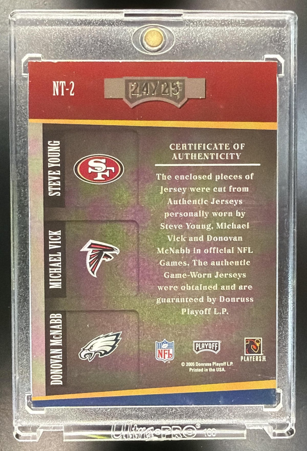 2005 Playoff Absolute Memorabilia Steve Young Michael Vick Donovan McNabb #NT-2 National Treasures /25