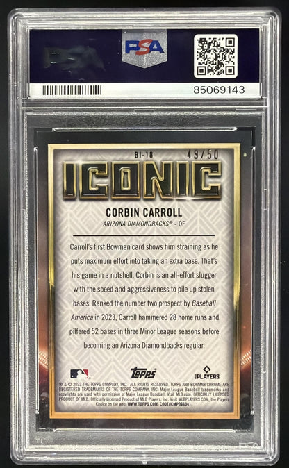 2023 Bowman Chrome Corbin Carroll #BI-18 Iconic Mojo Gold Refractor /50 RC PSA 10