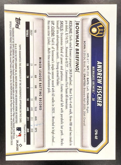 2026 Bowman Andrew Fischer #CPA-AF Chrome Auto Speckle Refractor /299 1st Prospect