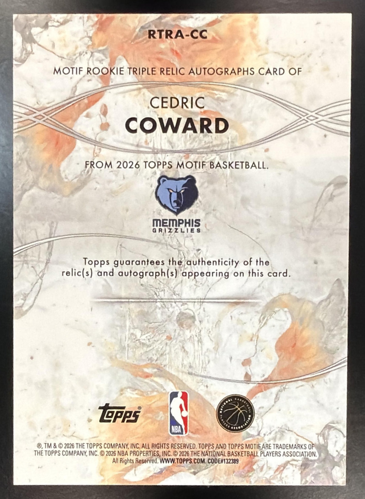2025 Topps Motif Cedric Coward #RTRA-CC Rookie Triple Relic Auto Ultramarine Blue 2/39 RC