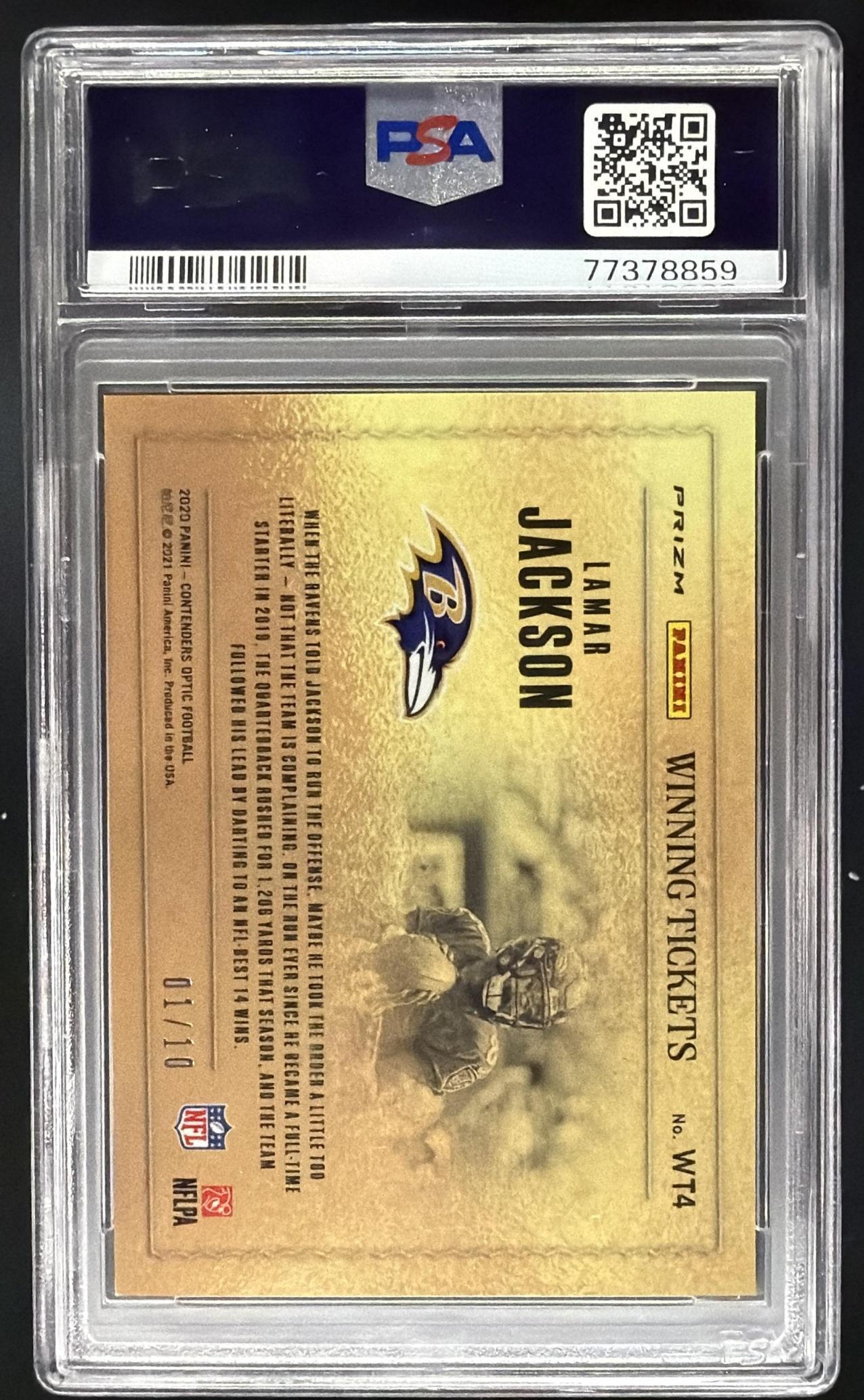 2020 Panini Contenders Optic Lamar Jackson #WT4 Winning Tickets Gold 1/10 PSA 9