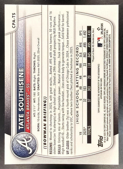 2025 Bowman Draft Tate Southisene #CPA-TS Chrome Auto 1st Prospect
