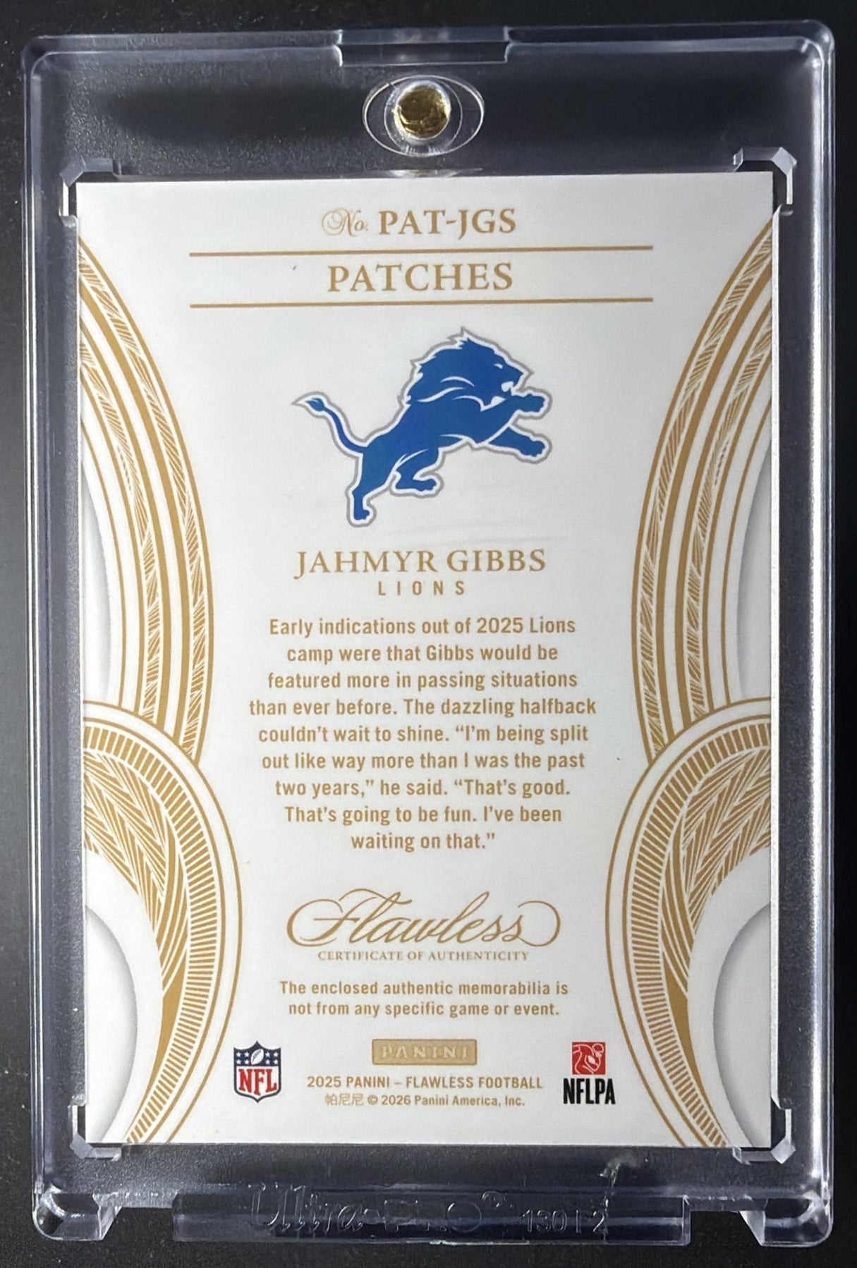 2025 Panini Flawless Jahmyr Gibbs #PAT-JGS Patches Silver 13/20 MEM