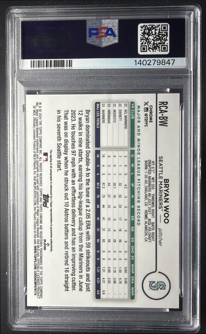 2024 Topps Chrome Logofractor Bryan Woo #RCA-BW Gold Logofractor /50 Auto RC PSA 9