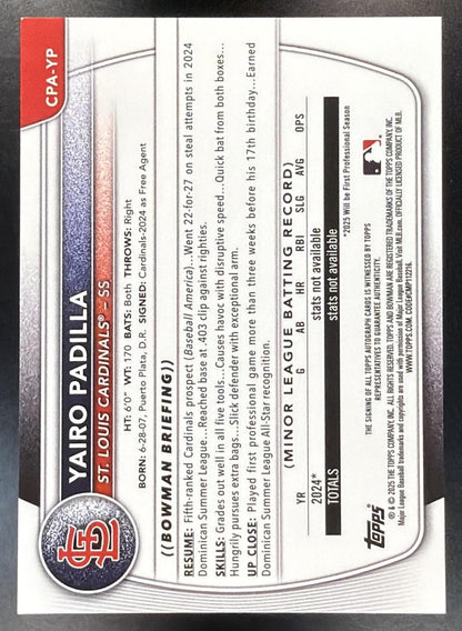 2025 Bowman Chrome Yairo Padilla #CPA-YP Auto Green Refractor 70/99 1st
