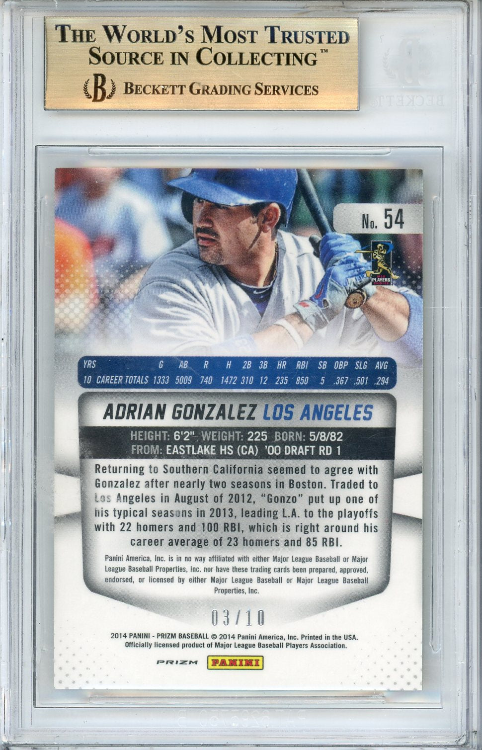 2014 Prizm Adrian Gonzalez Gold #54 /10 BGS 9.5