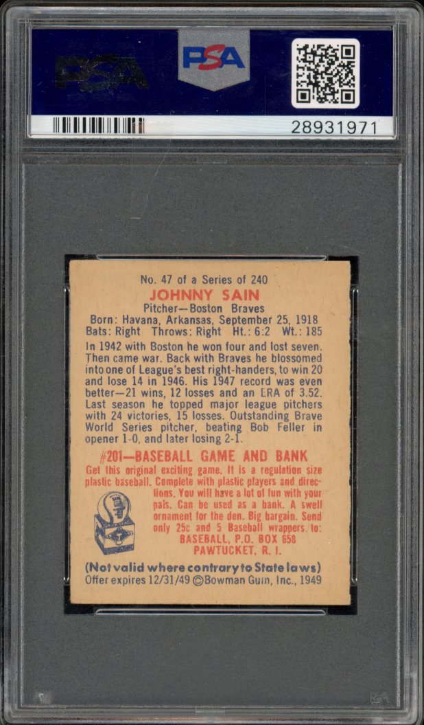 1949 Bowman Johnny Sain #47 PSA 6