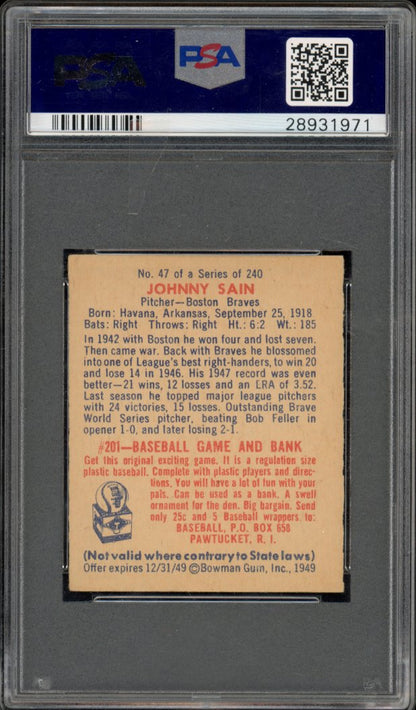 1949 Bowman Johnny Sain #47 PSA 6