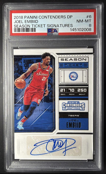 2018 Panini Contenders Draft Picks Joel Embiid #6 Season Ticket Auto PSA 8