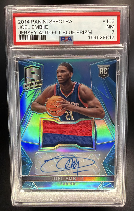 2014-15 Panini Spectra Joel Embiid #103 Light Blue Prizms 68/99 RC Auto PSA 7