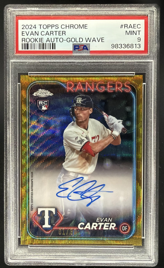 2024 Topps Chrome Evan Carter #RA-EC Auto Gold Wave Refractor 1/50 RC PSA 9