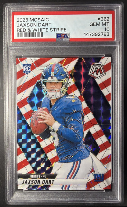 2025 Panini Mosaic Jaxson Dart #362 Rookies Red and White Stripe Prizm RC PSA 10