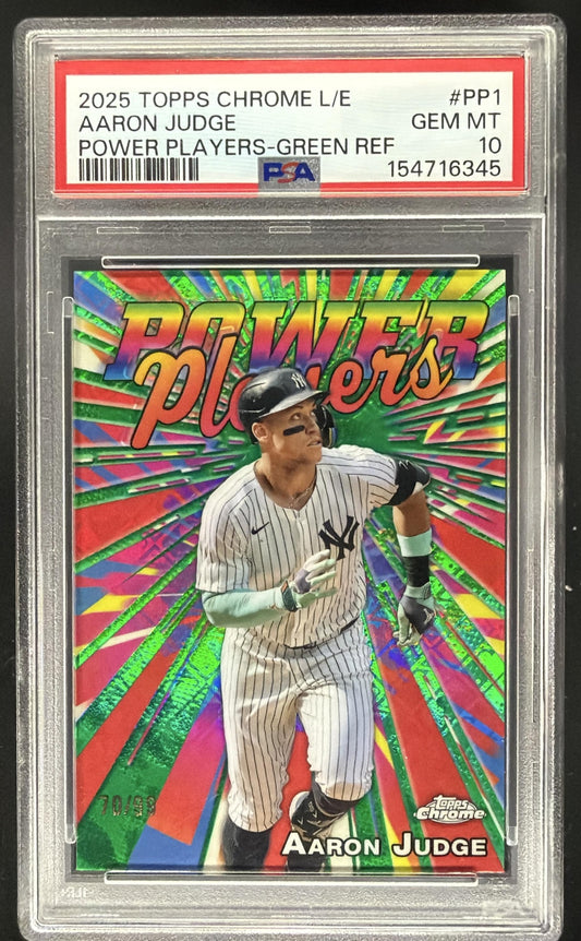 2025 Topps Chrome LogoFractor Aaron Judge #PP-1 Power Players Green Refractor /99 PSA 10