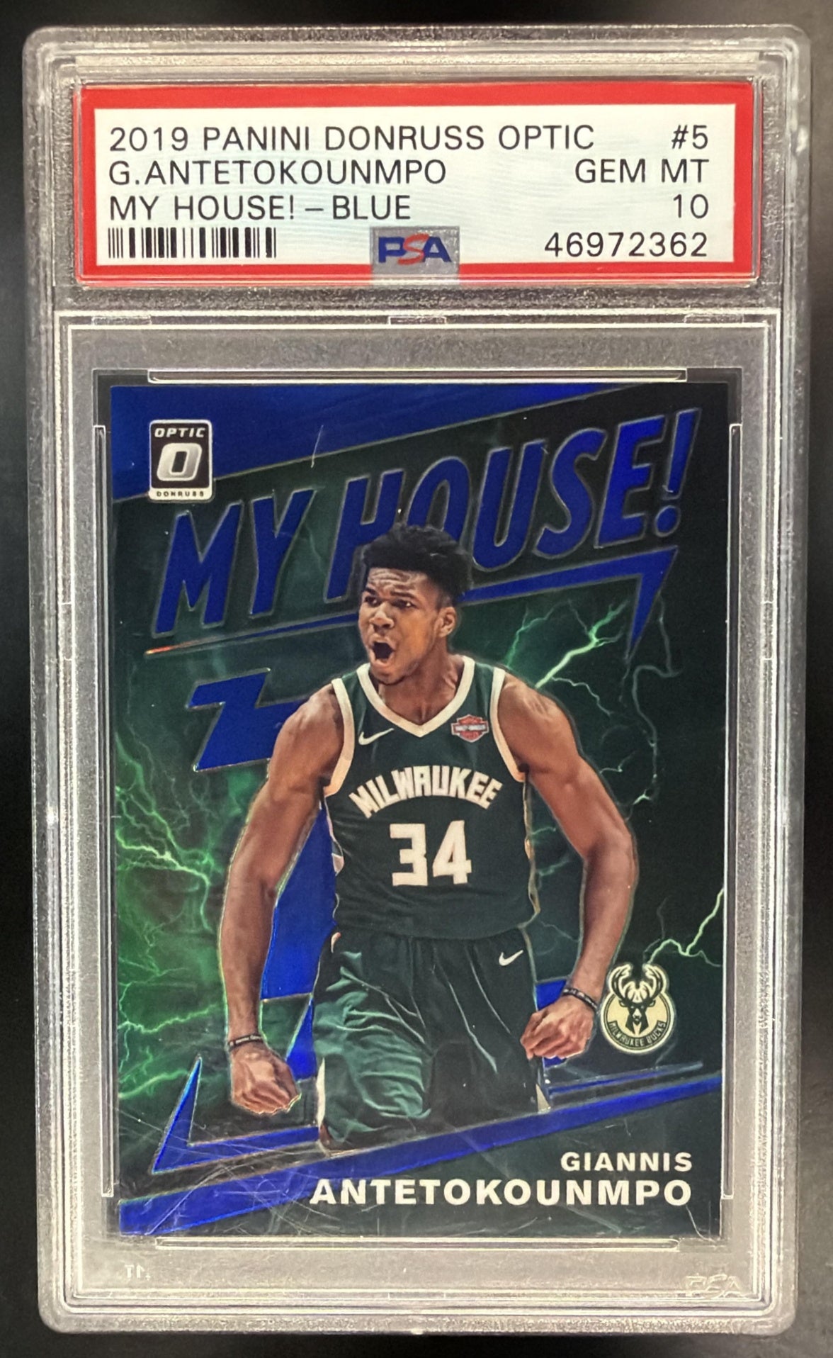 2019-20 Panini Donruss Optic Giannis Antetokounmpo #5 My House Blue /85 PSA 10