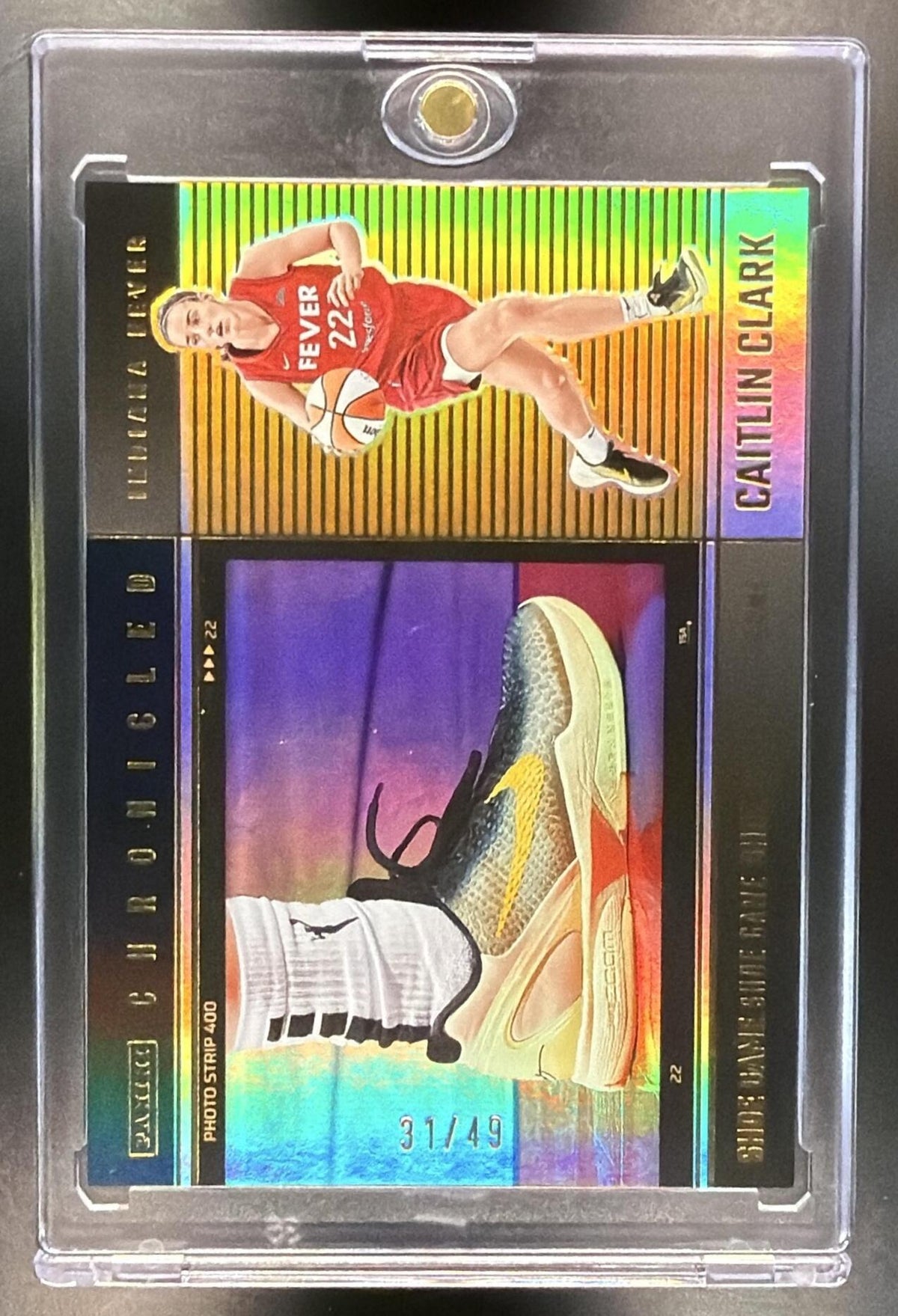 2025 Panini Caitlin Clark Chronicled #72 Shoe Game Black and Gold Holo 31/49