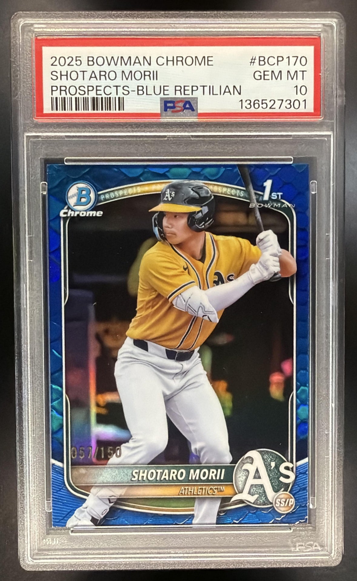 2025 Bowman Chrome Shotaro Morii #BCP-170 Reptilian Blue Refractor /150 1st Prospect PSA 10