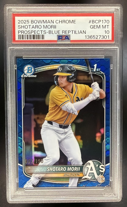 2025 Bowman Chrome Shotaro Morii #BCP-170 Reptilian Blue Refractor /150 1st Prospect PSA 10