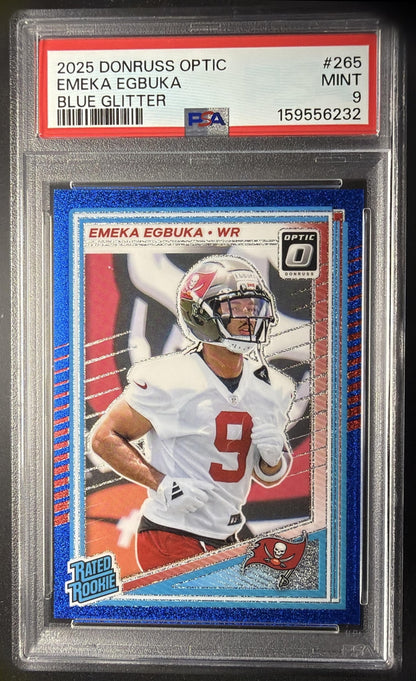 2025 Panini Donruss Optic Emeka Egbuka #265 Rated Rookie Blue Glitter Prizm PSA 9