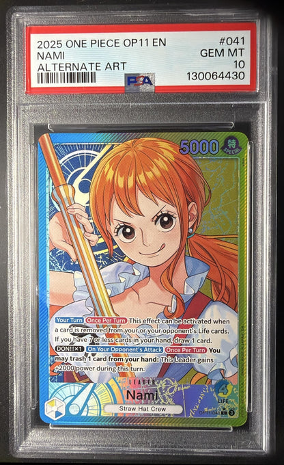2025 One Piece A Fist of Divine Speed Nami #OP11-041 Leader Alternative Art PSA 10