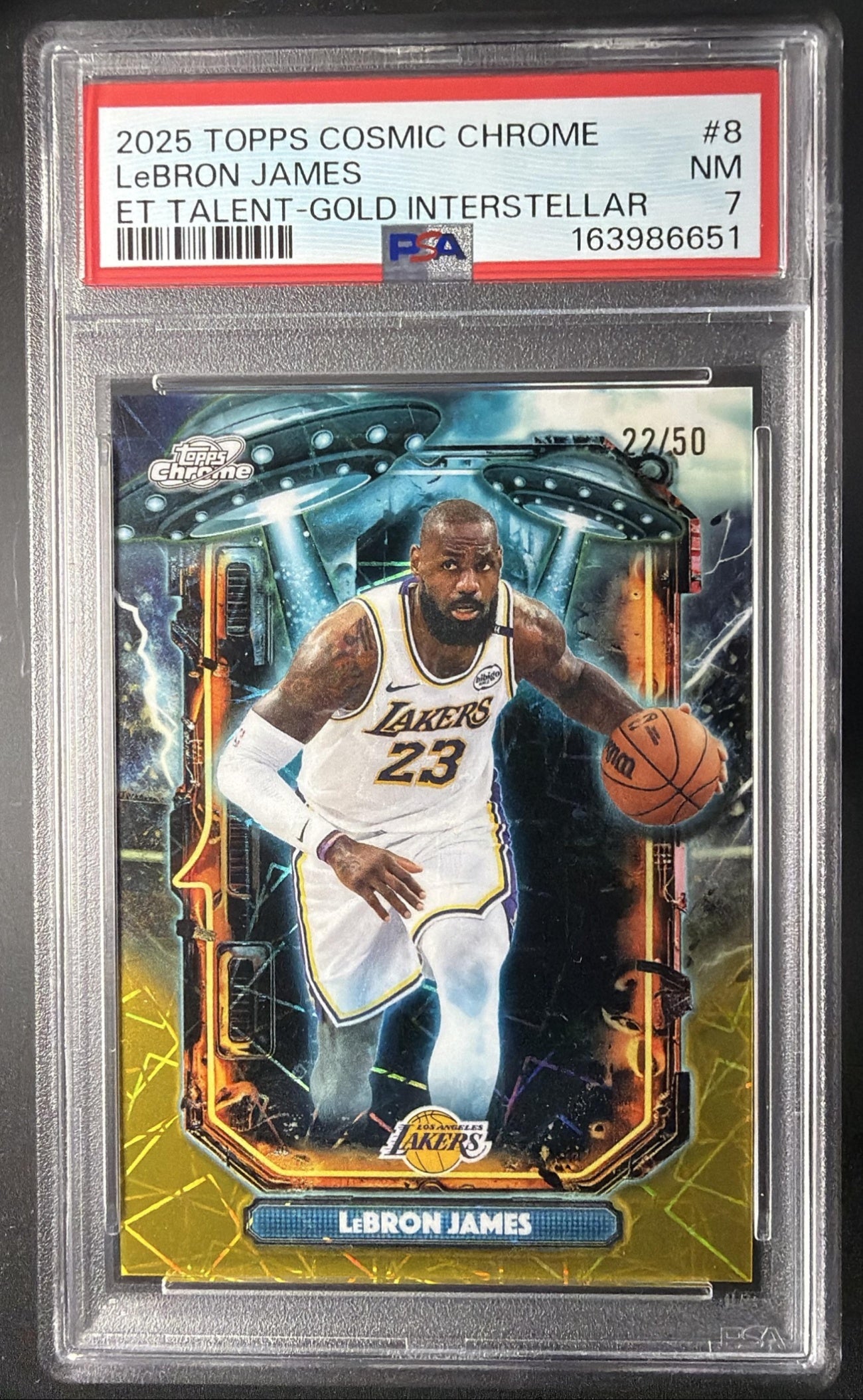 2025 Topps Cosmic Chrome LeBron James #ET-8 Extraterrestrial Talent Gold Interstellar Refractor /50 PSA 7