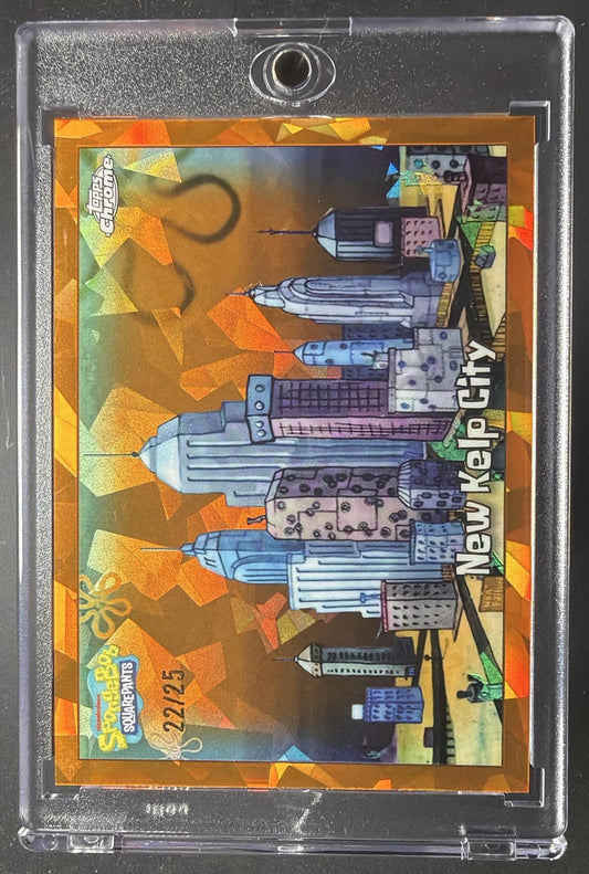 2025 Topps Chrome SpongeBob SquarePants 25th Anniversary Sapphire New Kelp City #107 Orange Refractor /25