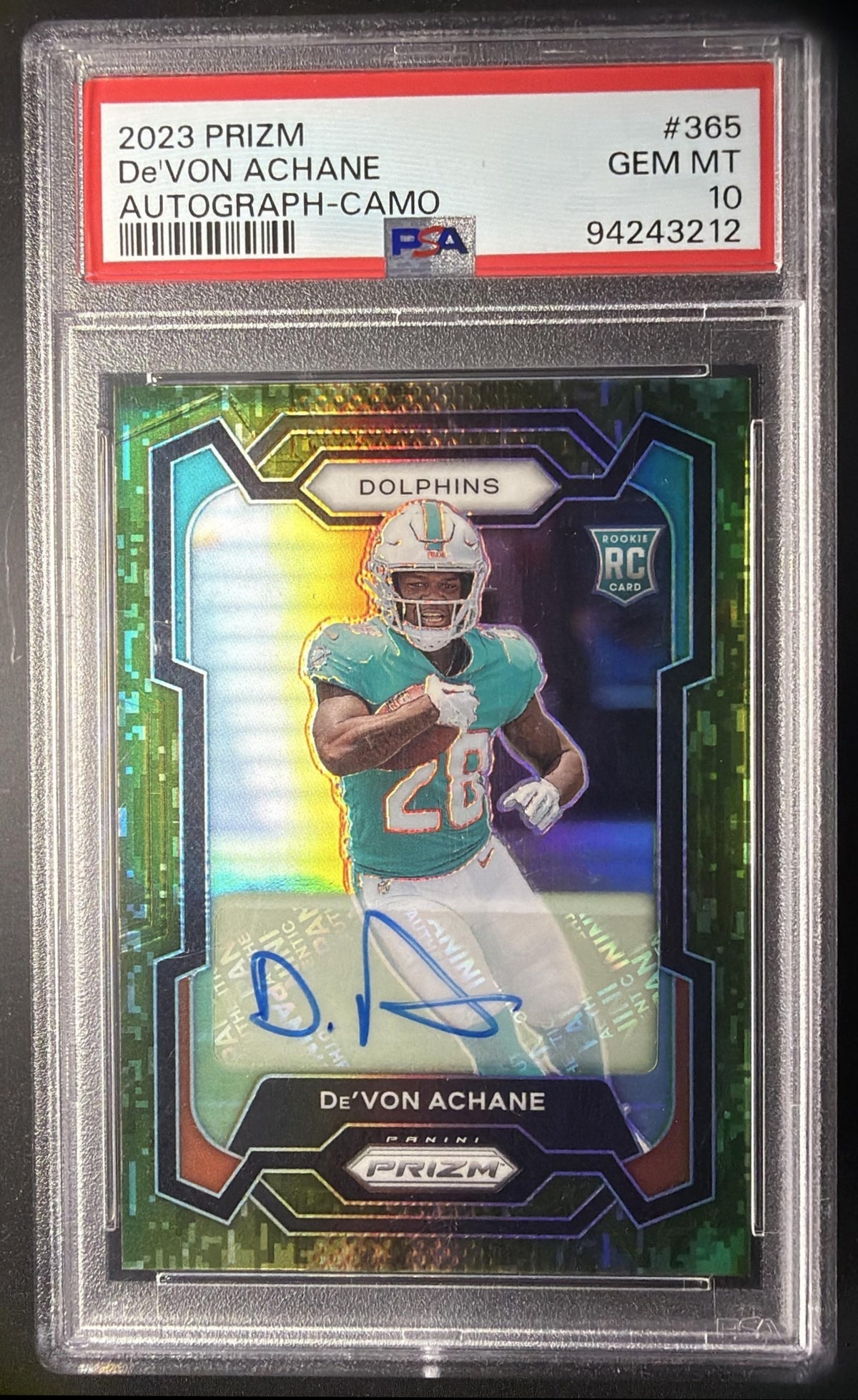 2023 Panini Prizm De'Von Achane #365 Rookie Auto Camo 10/25 RC PSA