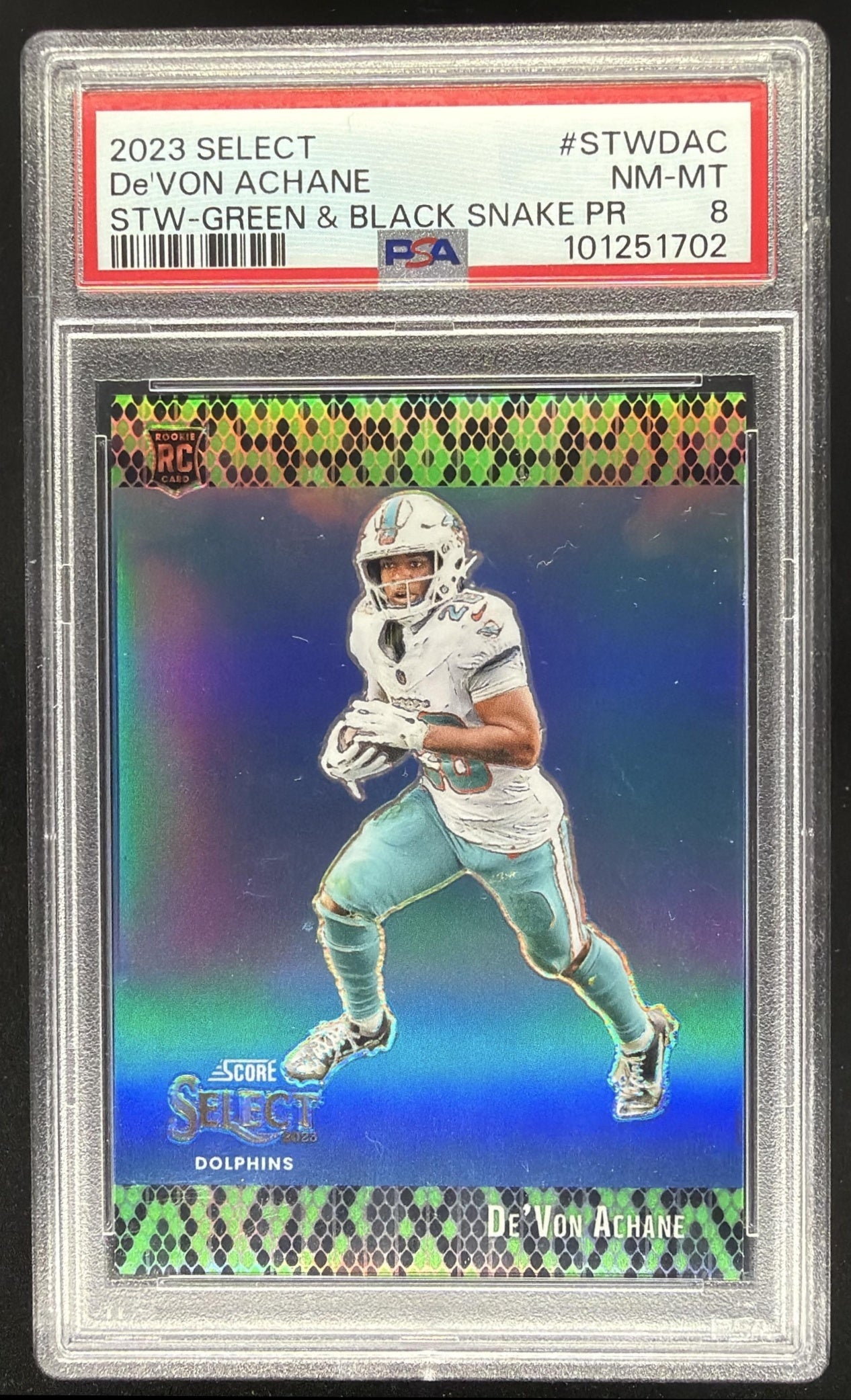 2023 Panini Select De'Von Achane #STW-DAC Score Throwback Snakeskin /2 RC PSA 8