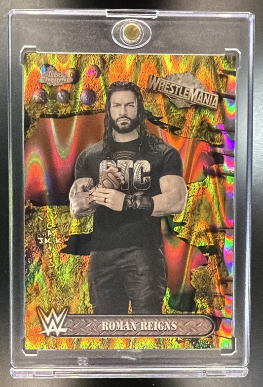 2025 Topps Chrome WWE Cactus Jack x Wrestlemania Roman Reigns #25 Gold Ray Wave Refractor /50