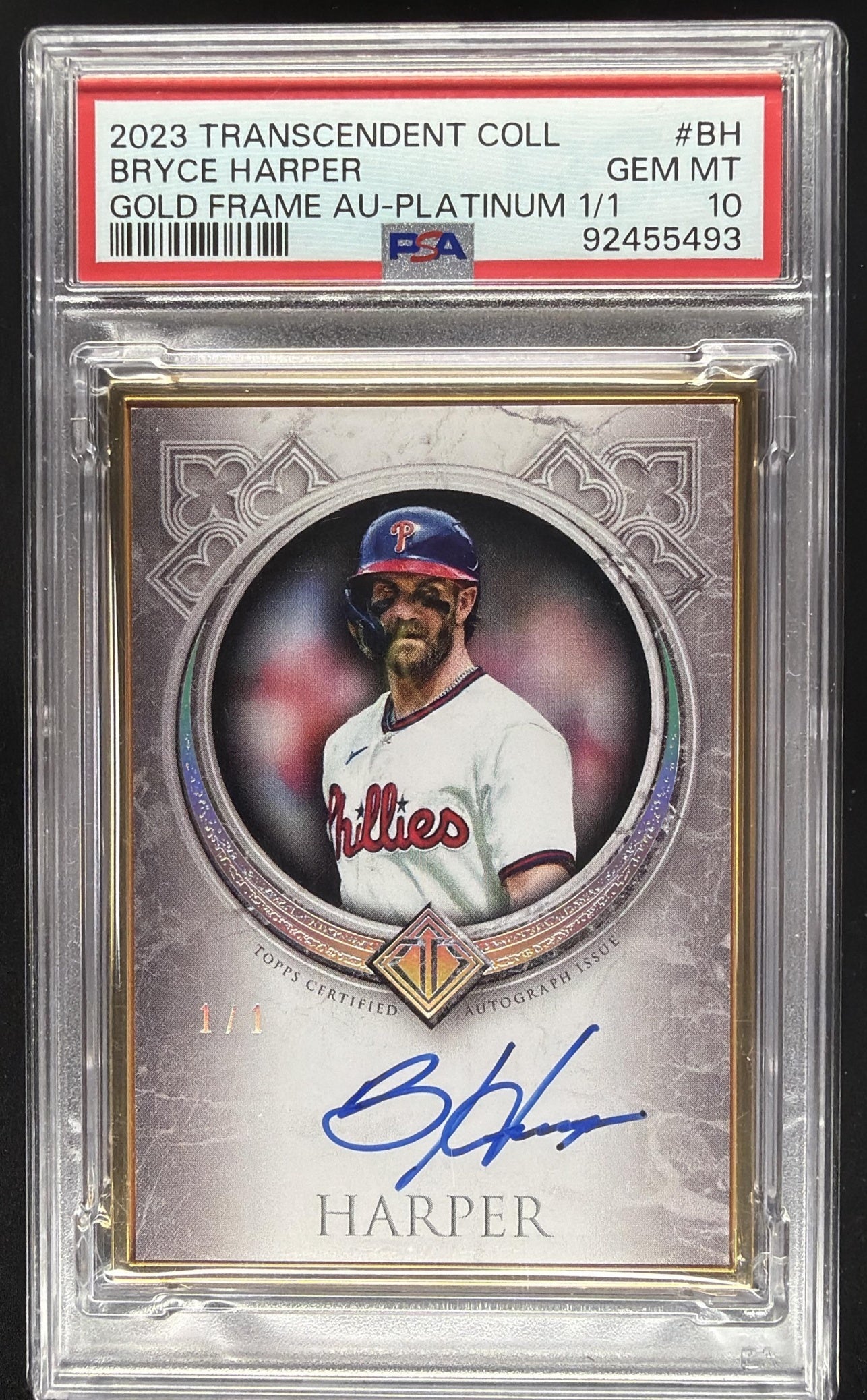 2023 Topps Transcendent Collection Bryce Harper #TCA-BH Gold Frame Auto 1/1 PSA 10