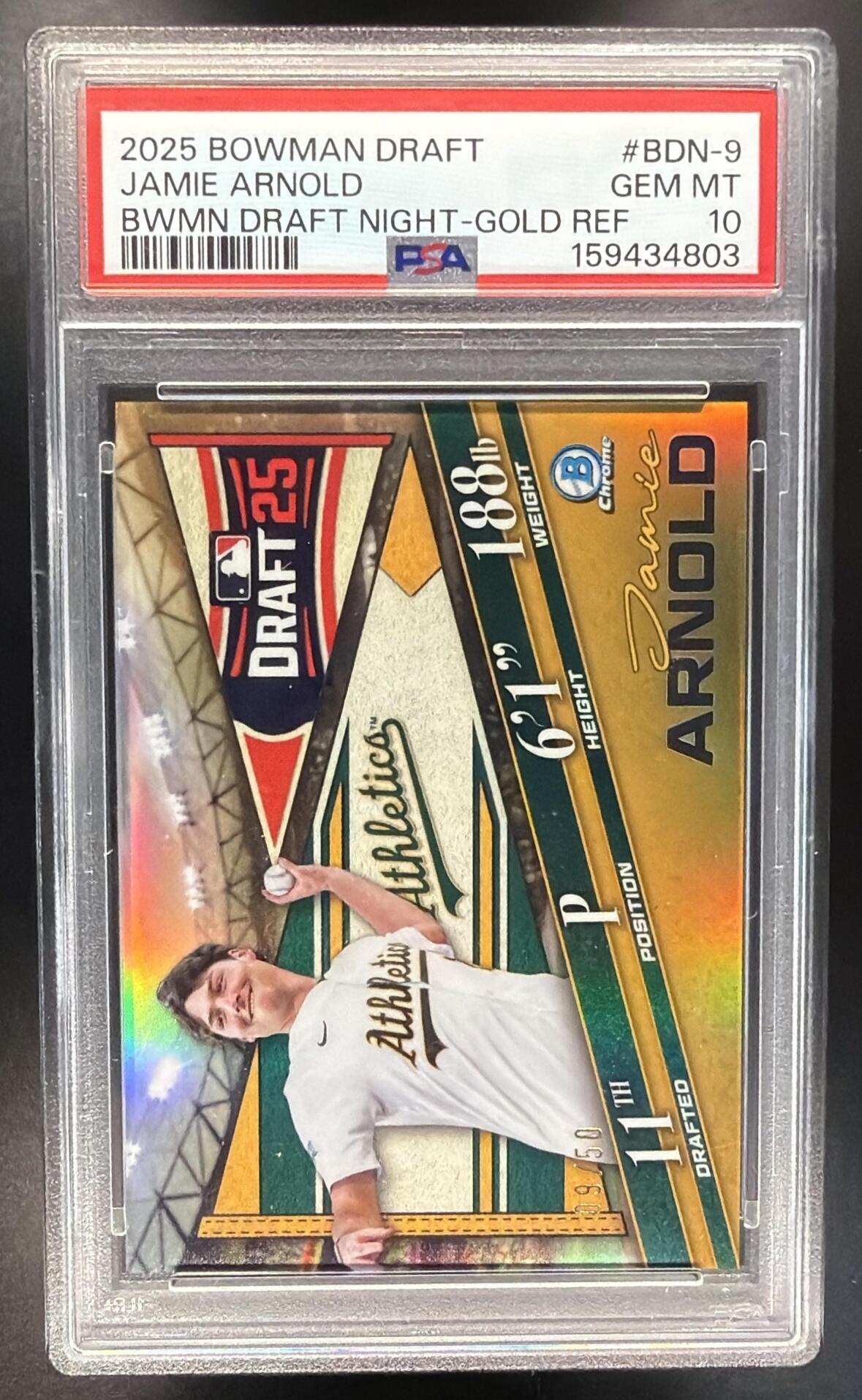 2025 Bowman Draft Jamie Arnold #BDN-9 Night Chrome Gold Refractor 9/50 PSA 10