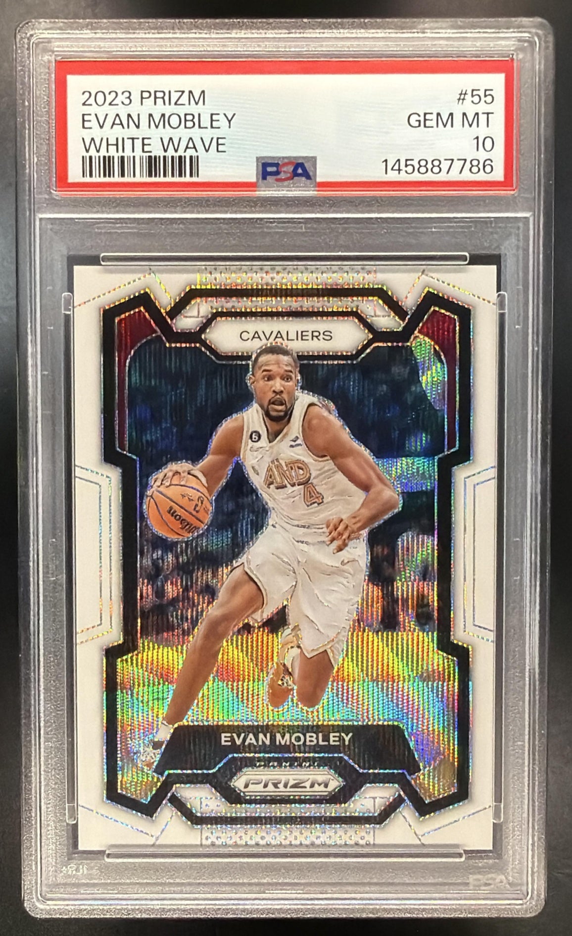2023-24 Panini Prizm Evan Mobley #55 Prizms White Wave 16/38 PSA 10
