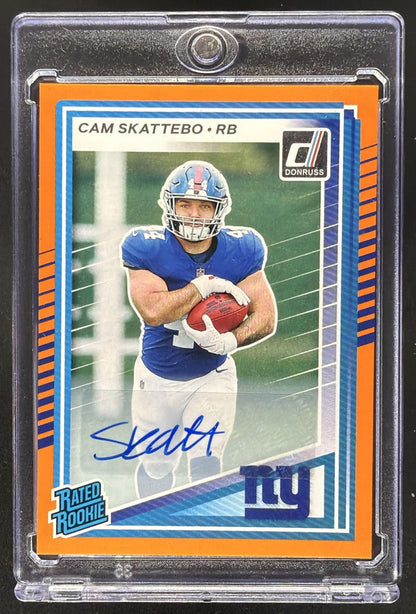 2025 Panini Donruss Cam Skattebo #302 Rated Rookie Auto Orange RC