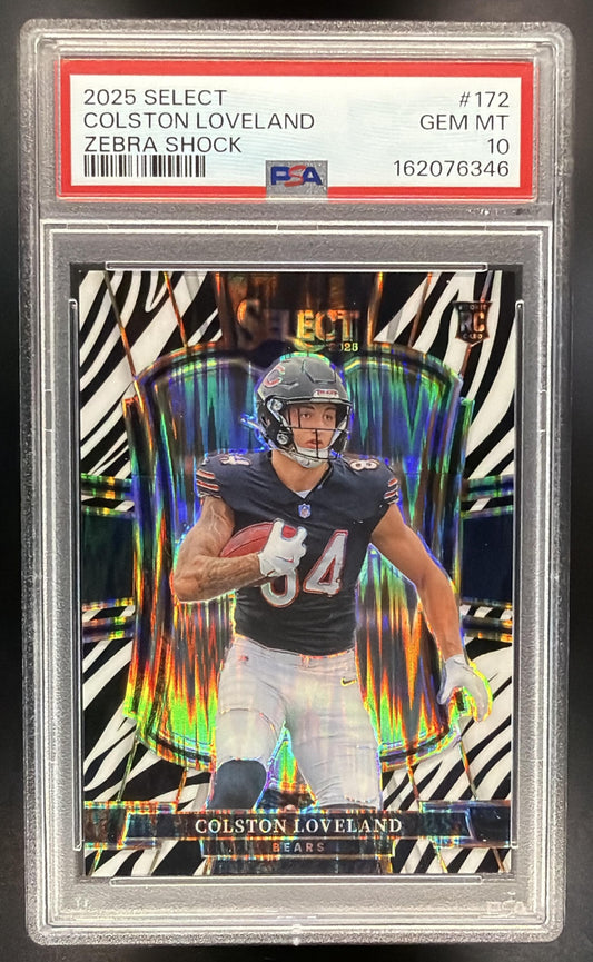 2025 Panini Select Colston Loveland #172 Premier Level Zebra Prizm Shock RC PSA 10