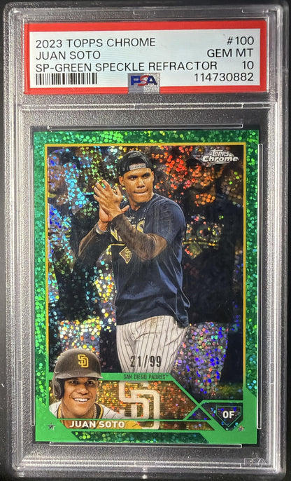 2023 Topps Chrome Juan Soto #100 Image Variation Green Speckle Refractor /99 PSA 10