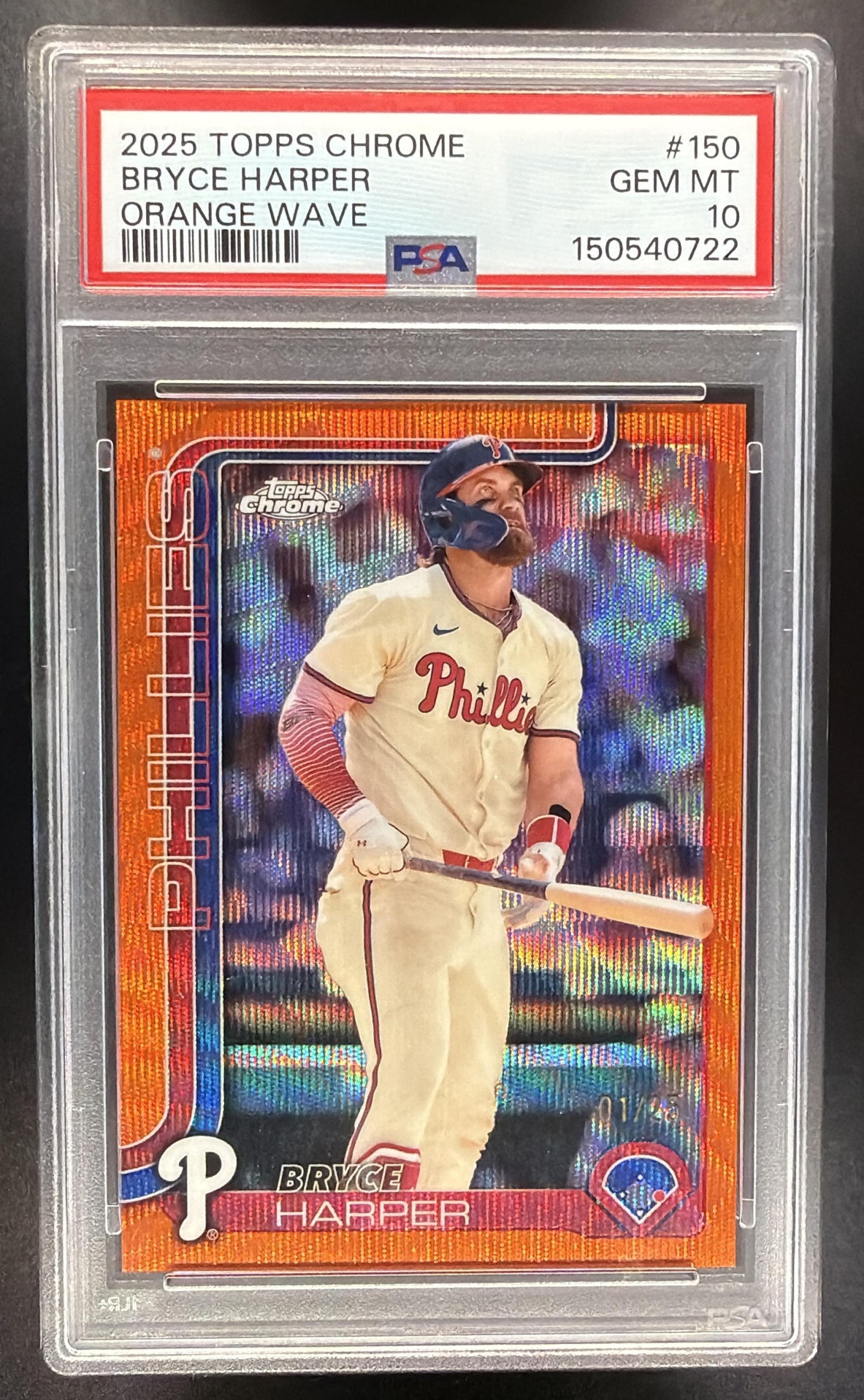 2025 Topps Chrome Bryce Harper #150 1/25 Orange Wave PSA 10