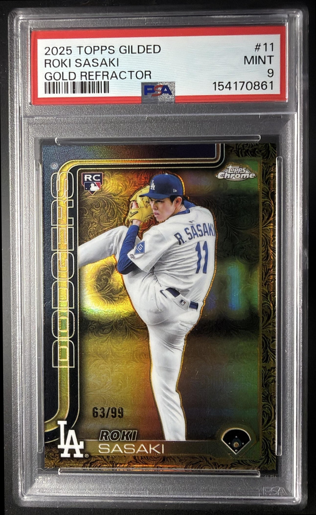 2025 Topps Gilded Collection Roki Sasaki #11 Chrome Gold Refractor /99 RC PSA 9