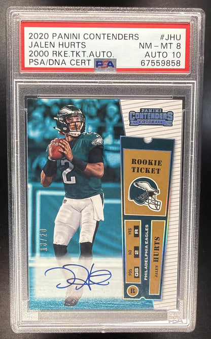 2020 Panini Contenders Jalen Hurts #RRT-JHU 2000 Rookie Ticket /20 Auto RC PSA 8
