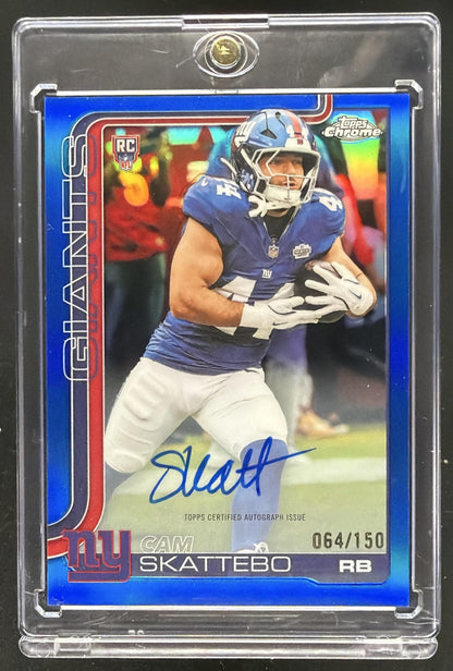 2025 Topps Chrome Cam Skattebo #RA-CS Rookie Auto Blue Refractor 64/150 RC