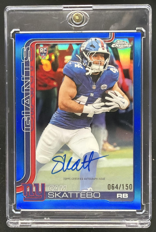 2025 Topps Chrome Cam Skattebo #RA-CS Rookie Auto Blue Refractor 64/150 RC