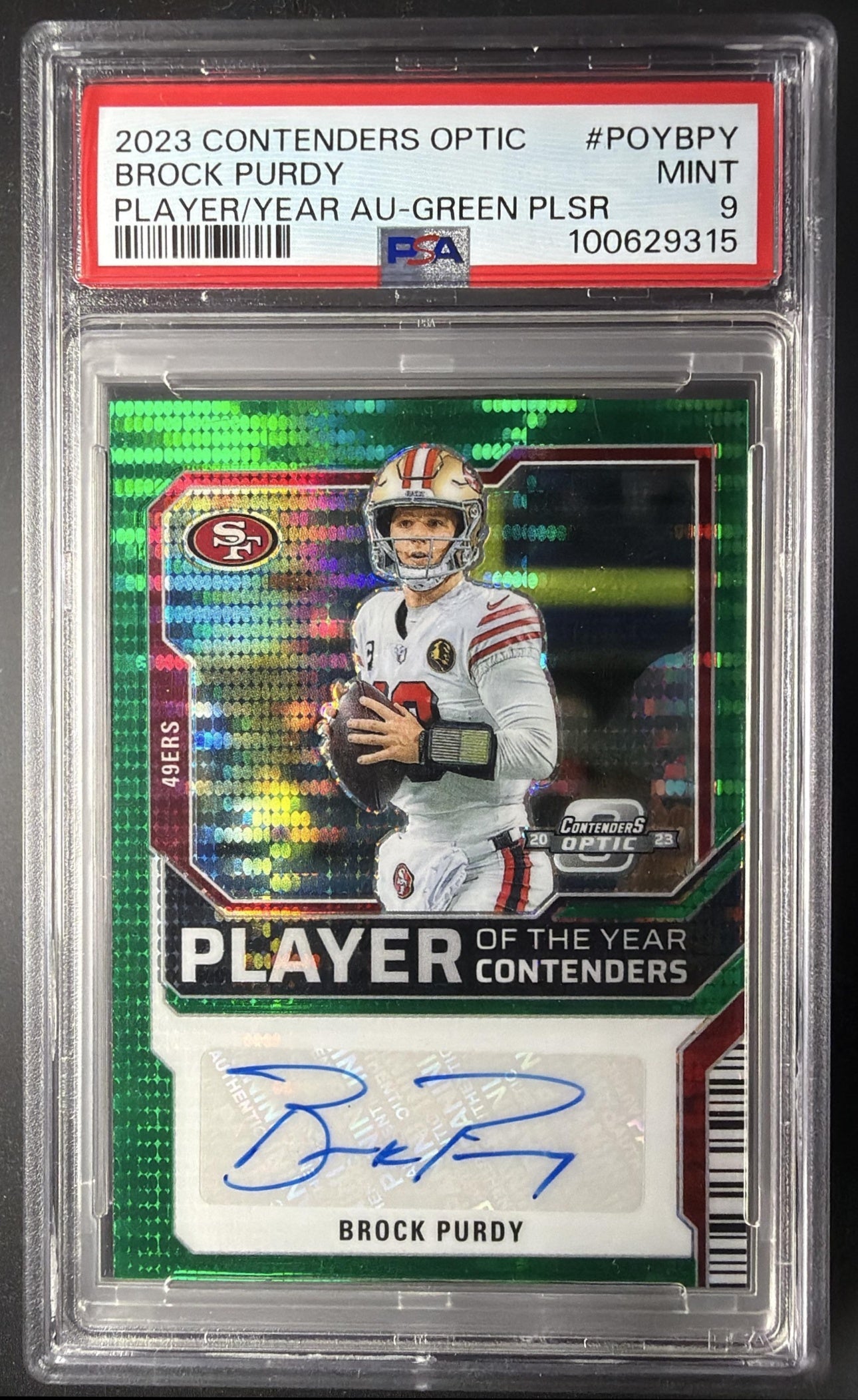2023 Panini Contenders Optic Brock Purdy #POY-BPY Auto Green Pulsar /30 PSA 9