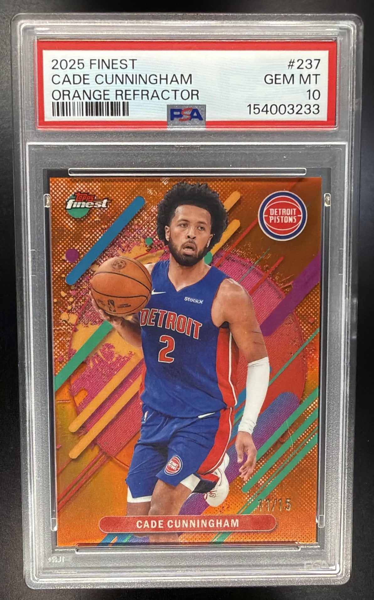 2025-26 Topps Finest Cade Cunningham #237 Rare Orange Refractor 11/15 PSA 10