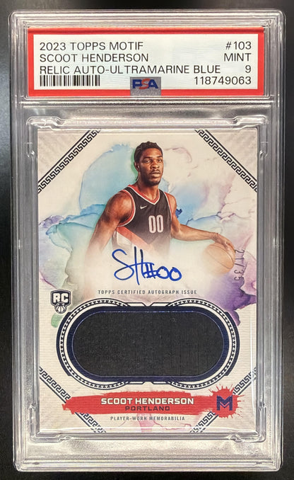 2023 Topps Motif Scoot Henderson #103 Rookie Triple Relic Auto Ultramarine Blue 21/35 RC PSA 9