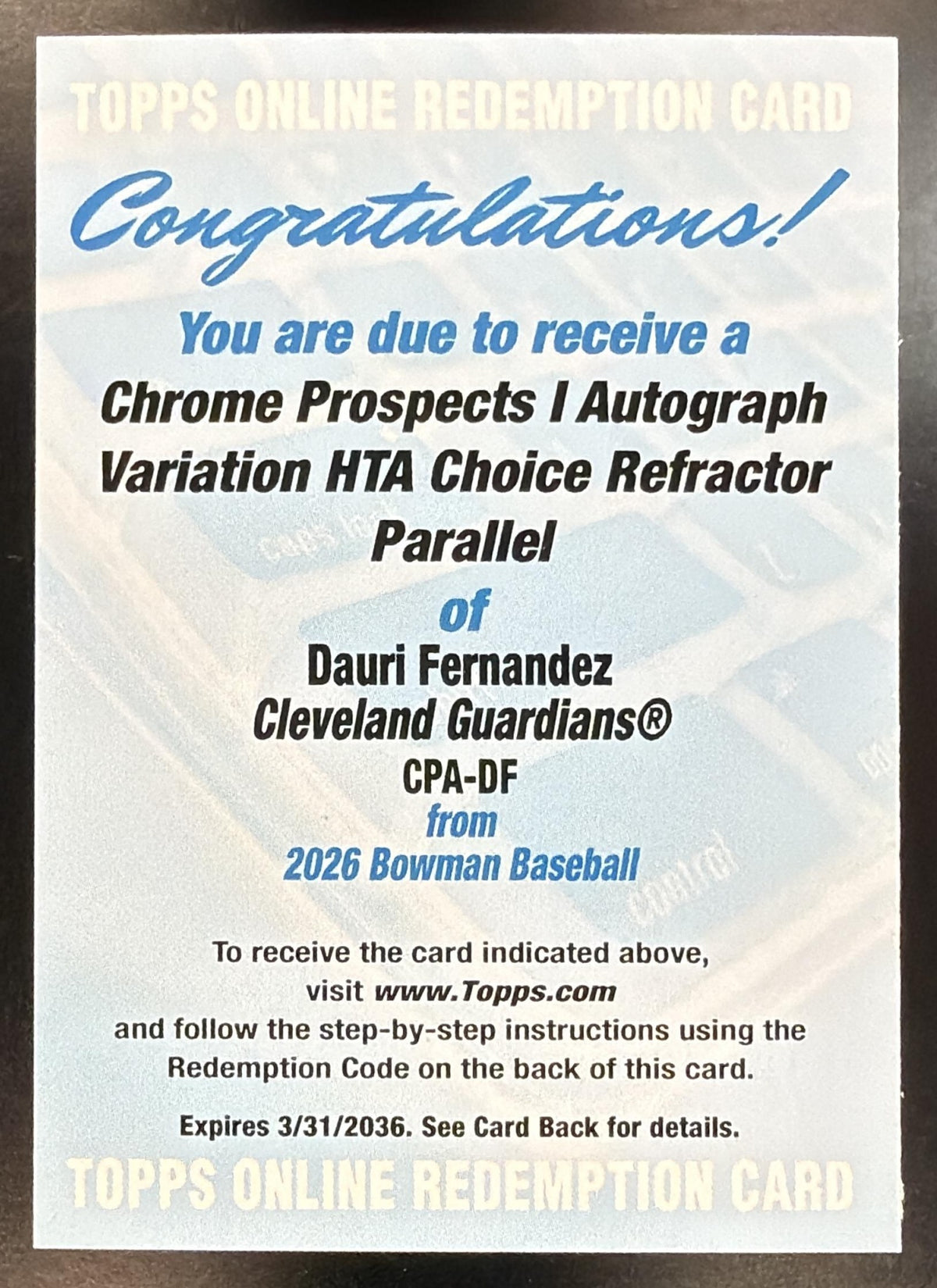 2026 Bowman Dauri Fernandez #CPA-DF Chrome Auto HTA Refractor 1st Prospect